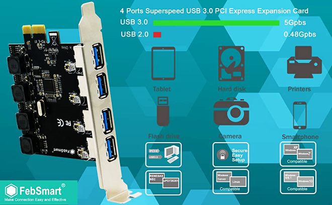 FebSmart Carte dextension PCI Express 4 Ports USB 3.0 Super Rapide 5 Gbps 2 Ports 