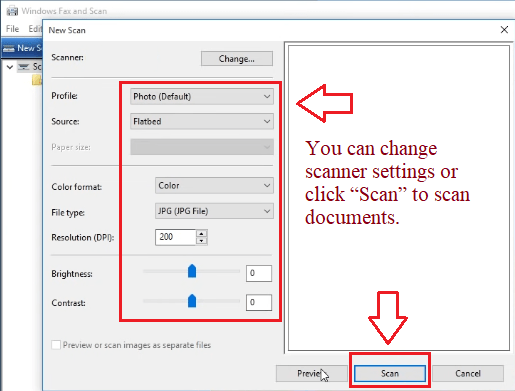 You can change scanner settings or click “Scan” to scan documents
