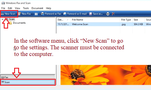 In the software menu, click “New Scan” to go to the settings. The scanner must be connected to the computer