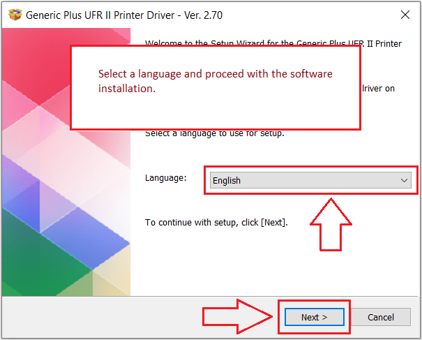 Select a language and proceed with the software installation.