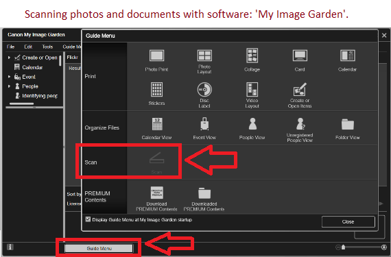 Scanning photos and documents with software: 'My Image Garden'.