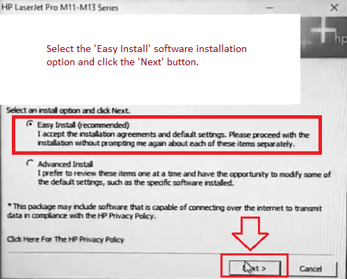 Select the 'Easy Install' software installation option and click the 'Next' button.