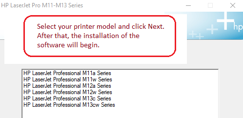 Select your printer model and click Next. After that, the installation of the software will begin.