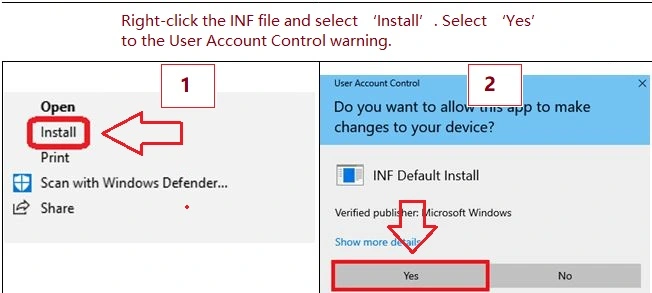 How to install the driver. Right-click the .inf file and select Install
