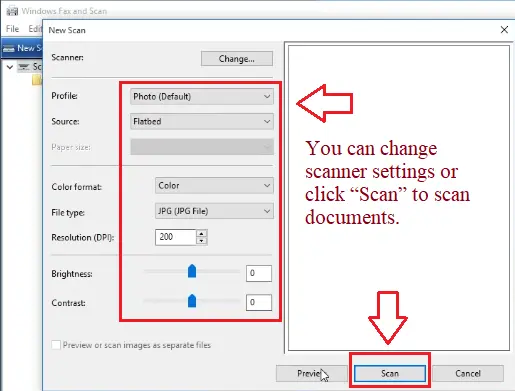 You can change scanner settings or click “Scan” to scan documents