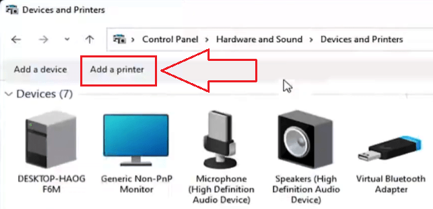 Hardware and Sound → Devices and Printers. Click Add a printer