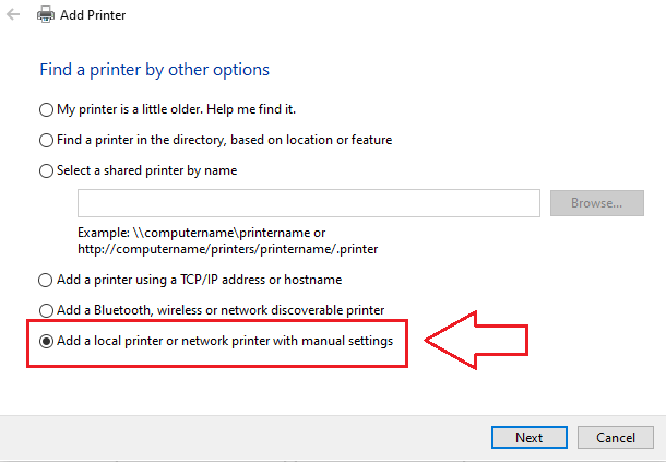 Select Add a local printer or network printer with manual settings → Next