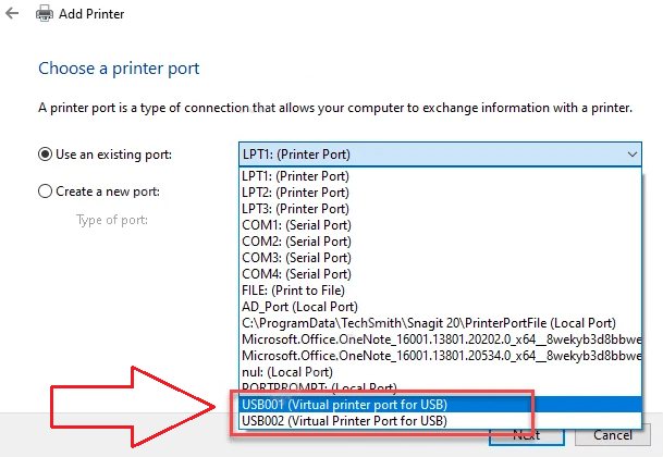 On Choose a printer port, select Use an existing port → pick USB001