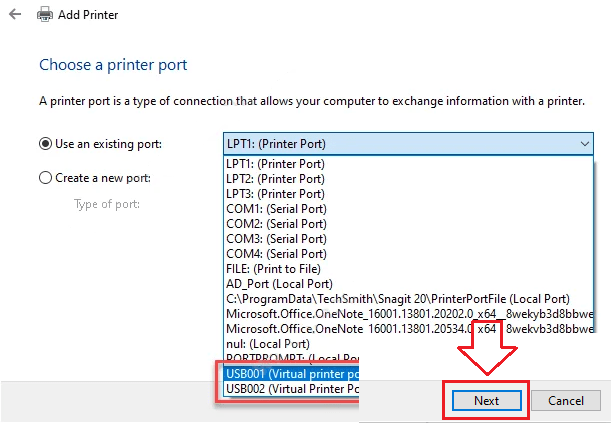 On Choose a printer port, select Use an existing port → pick USB001