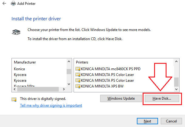On Install the printer driver, click Have Disk… → Browse…