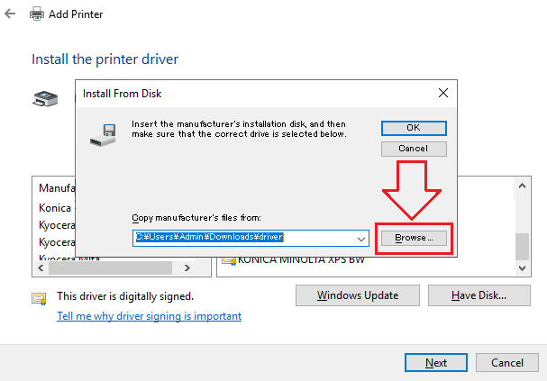 On Install the printer driver, click Have Disk… → Browse…