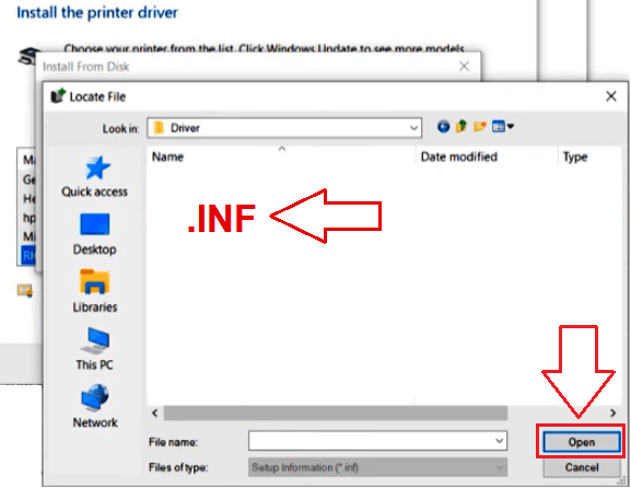 Navigate to the extracted folder and select: … .INF → Open → OK