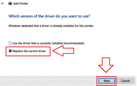 If asked to replace an existing driver, choose Replace the current driver