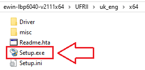 Open this folder, find [UFRII → uk_eng → x64], and double-click [Setup.exe]