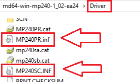 in the Driver folder, there are two main files: MP240PR.inf and MP240SC.INF, which are the printer and scanner drivers