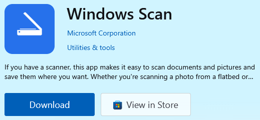 Open Windows Scan, install the app, and launch it