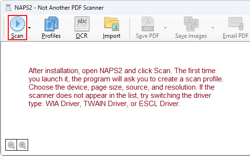 After installation, open NAPS2 and click Scan